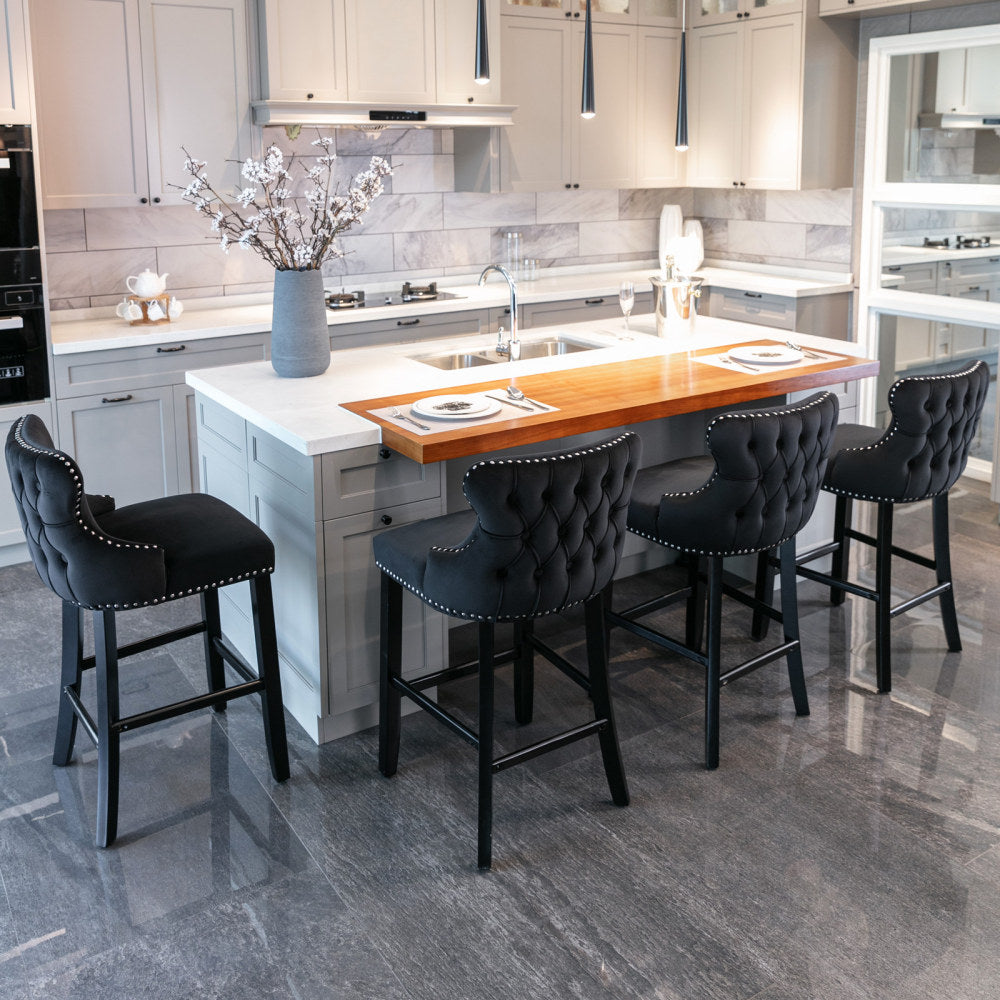 Contemporary Velvet Upholstered Wing-Back Barstools with Button Tufted Decoration and Wooden Legs, and Chrome Nailhead Trim, Leisure Style Bar Chairs,Bar stools, Set of 4 (Gray), SW1824GY x 2 cartons