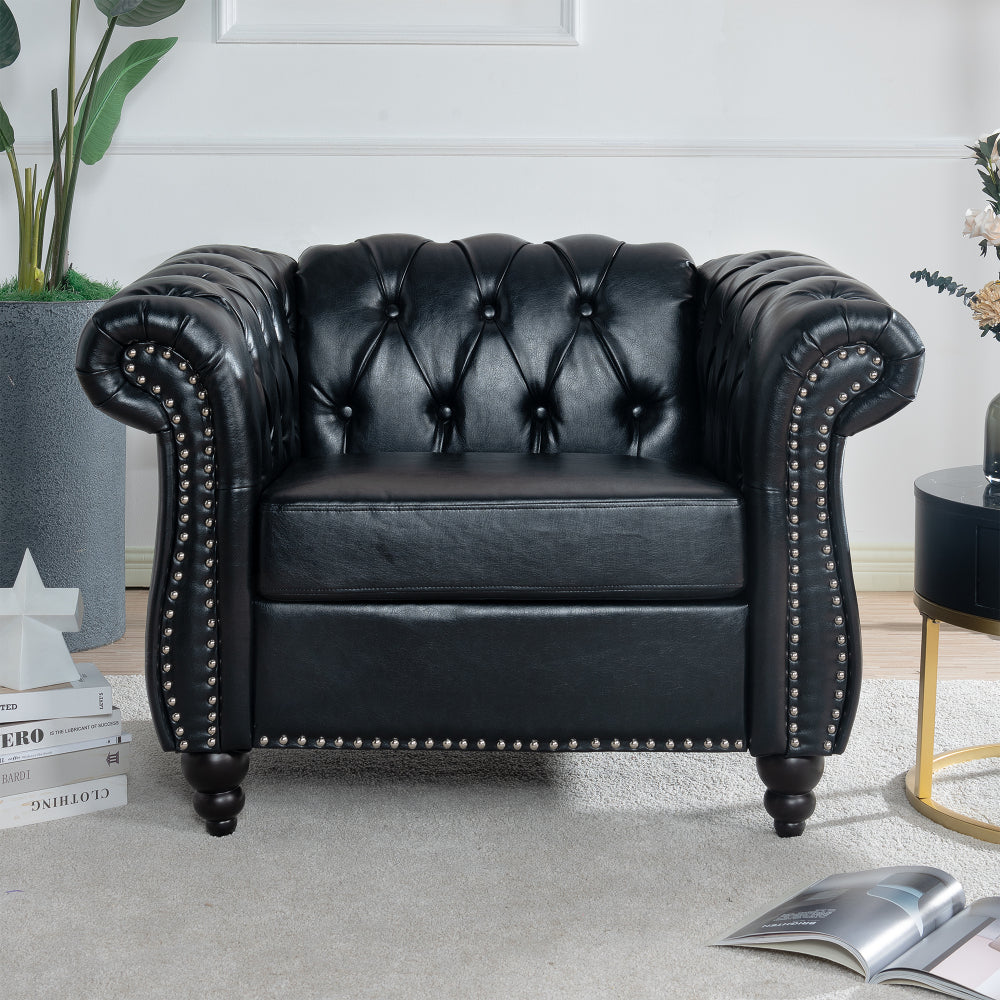 84.65" BLACK PU Rolled Arm Chesterfield Three Seater Sofa.