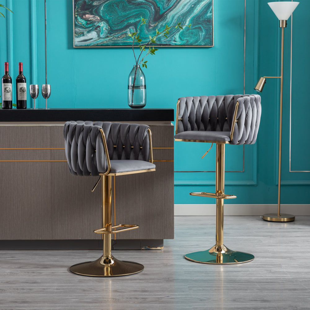 Set of 2 Bar Stools,with Chrome Footrest and Base Swivel Height Adjustable Mechanical Lifting Velvet + Golden Leg Simple Bar Stoo,Ivory