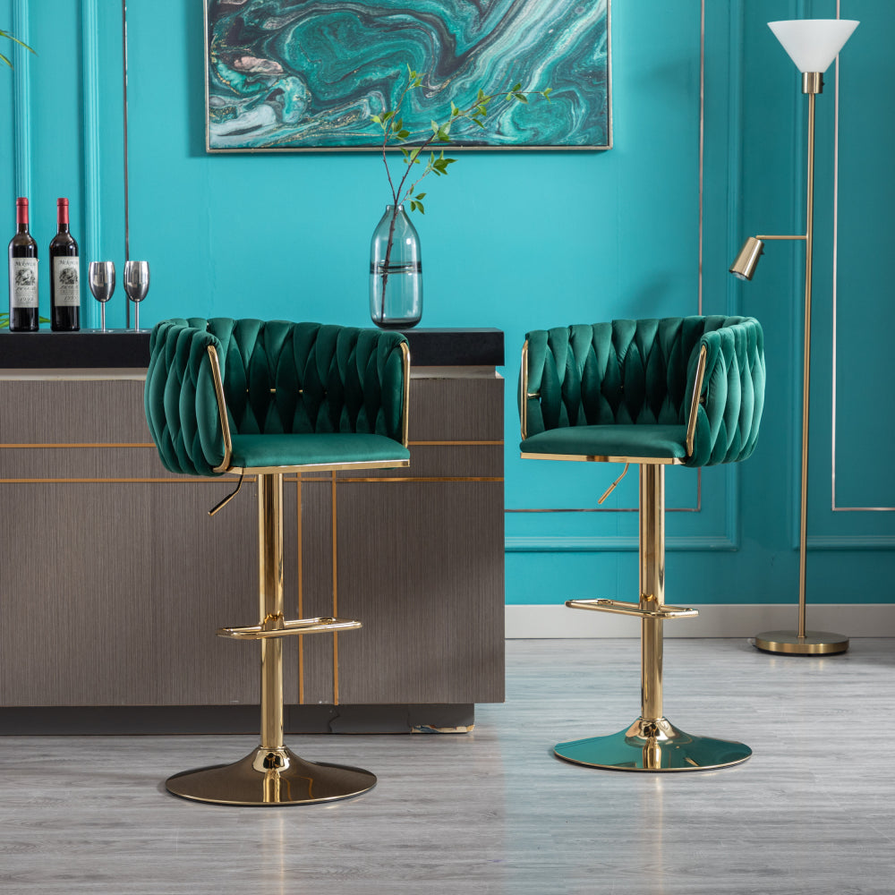 Set of 2 Bar Stools,with Chrome Footrest and Base Swivel Height Adjustable Mechanical Lifting Velvet + Golden Leg Simple Bar Stoo,Ivory