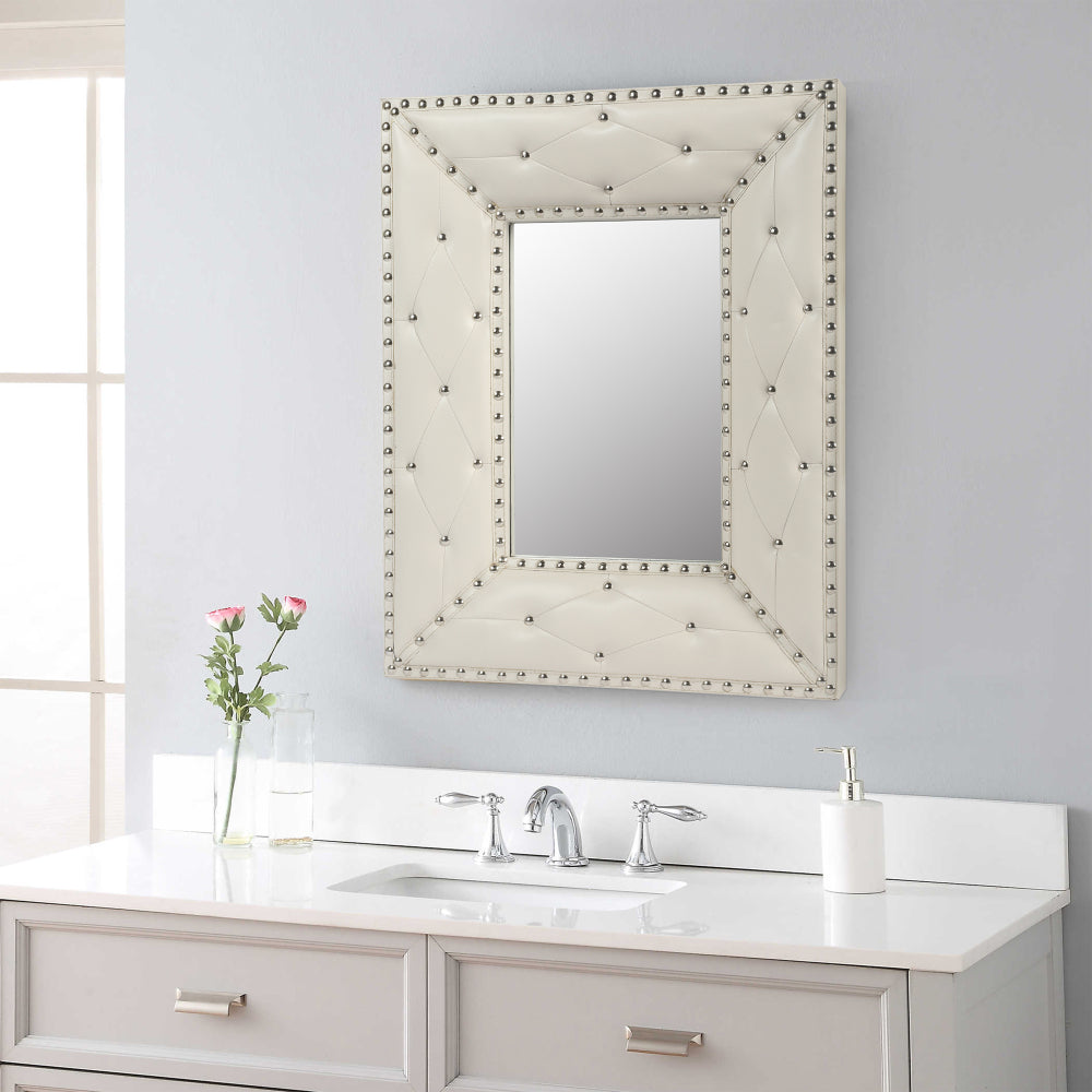 WHITE Rectangle Decorative Wall Hanging Mirror,Rivet Decoration,PU Covered MDF Framed Mirror for Bedroom Living Room Vanity Entryway Wall Decor,21x26inch