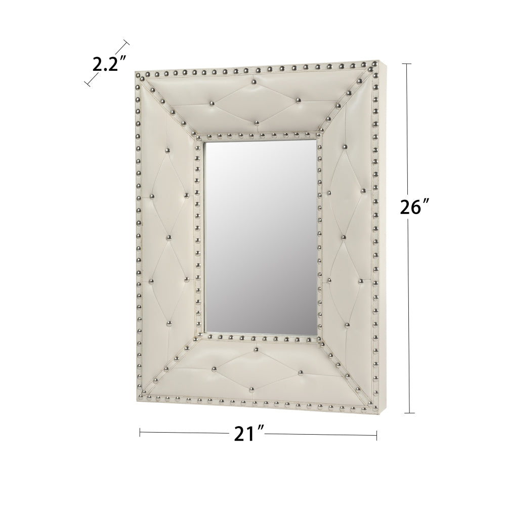 WHITE Rectangle Decorative Wall Hanging Mirror,Rivet Decoration,PU Covered MDF Framed Mirror for Bedroom Living Room Vanity Entryway Wall Decor,21x26inch