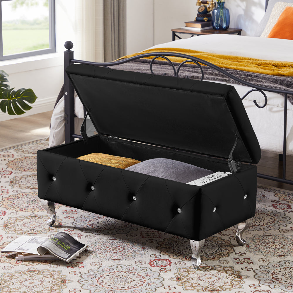 Storage Bench, Flip Top Entryway Bench Seat with Safety Hinge, Storage Chest with Padded Seat, Bed End Stool for Hallway Living Room Bedroom, Supports 250 lb,Bluck PU
