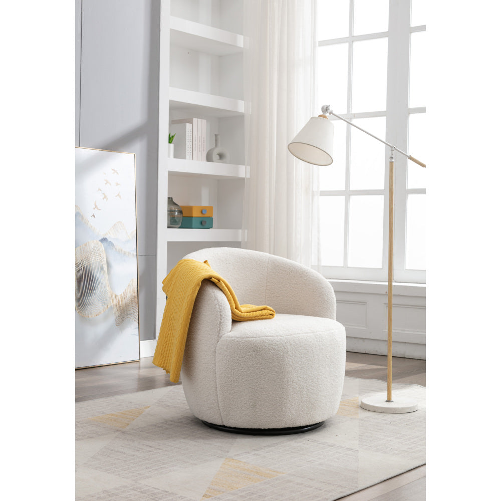 Teddy Fabric Swivel Accent Armchair Barrel Chair With Black Powder Coating Metal Ring,Ivory White
