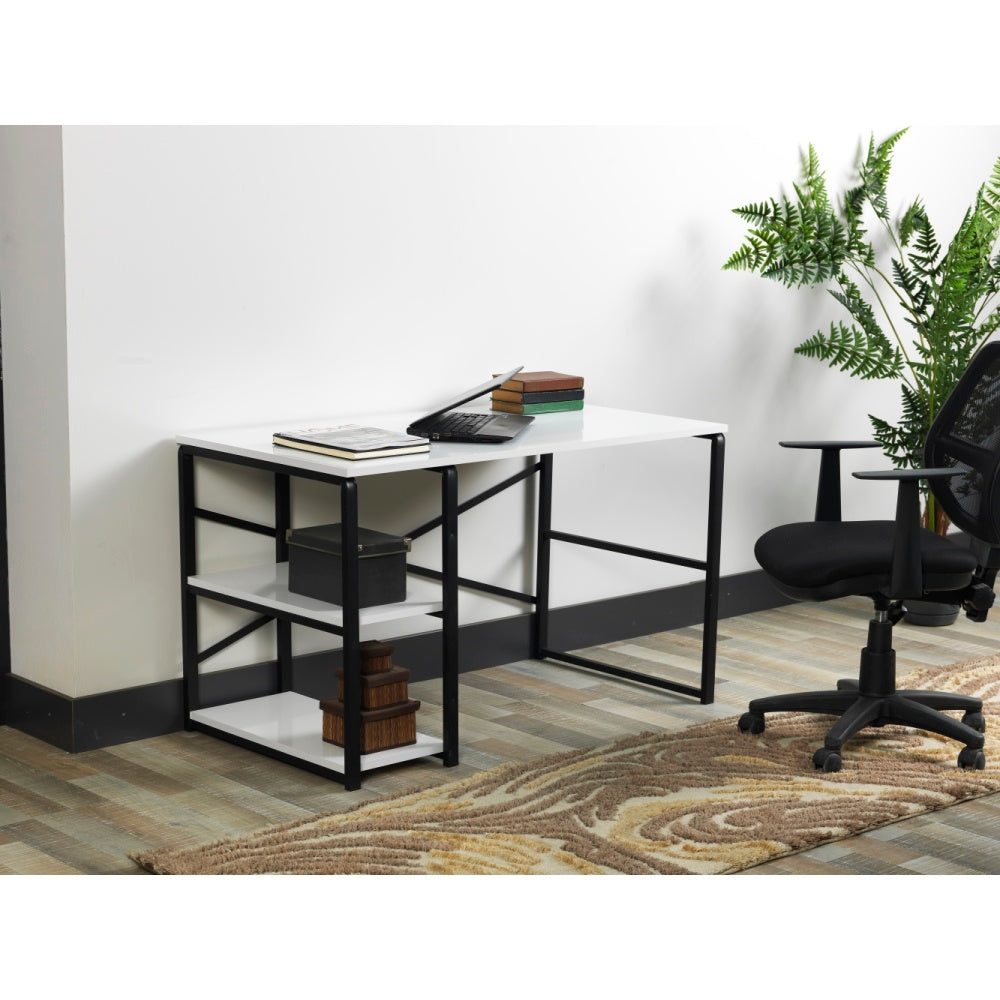Furnish Home Store Sage Black Metal Frame 47" Wooden Top 2 Shelves Writing and Computer Desk for Home Office, Walnut