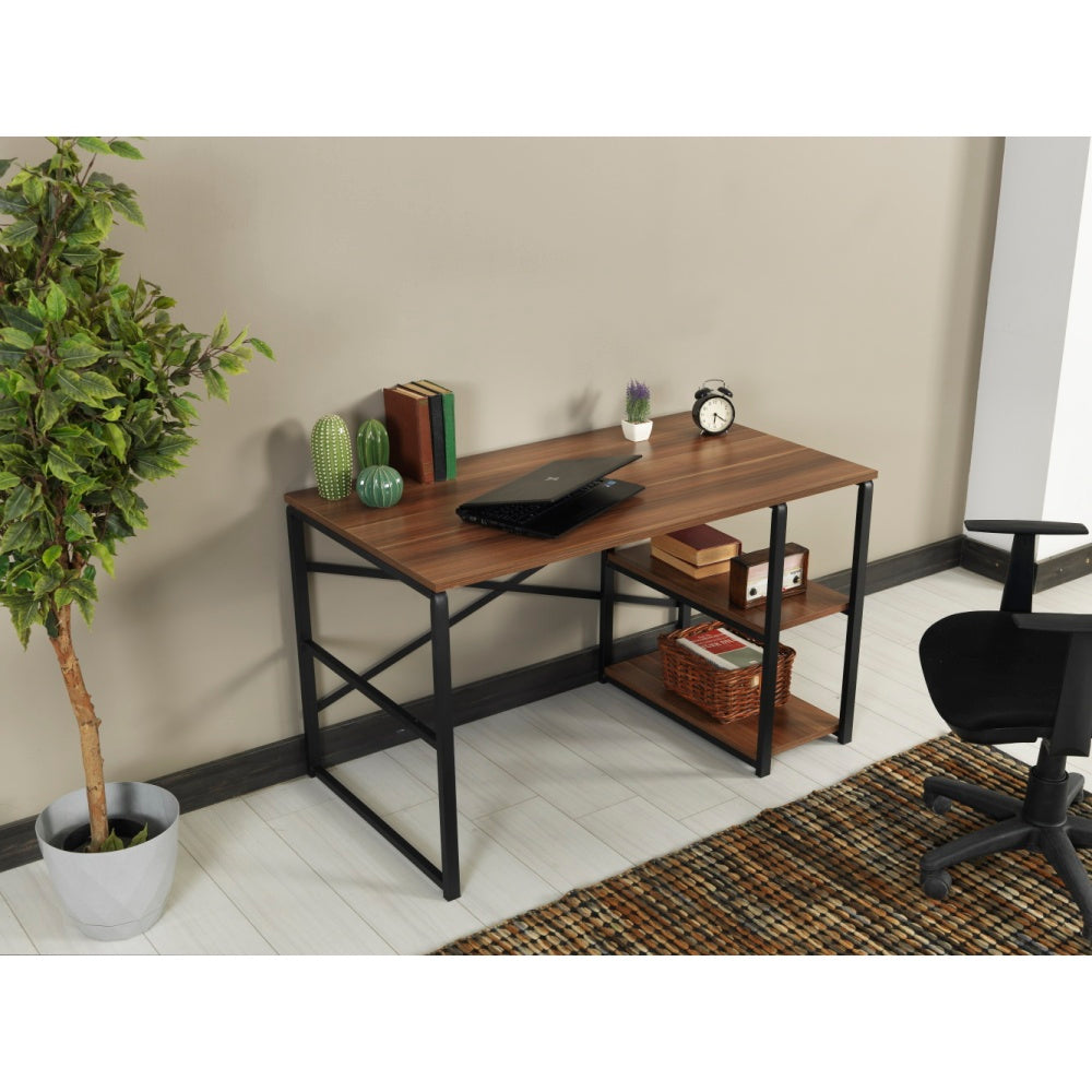 Furnish Home Store Sage Black Metal Frame 47" Wooden Top 2 Shelves Writing and Computer Desk for Home Office, Walnut