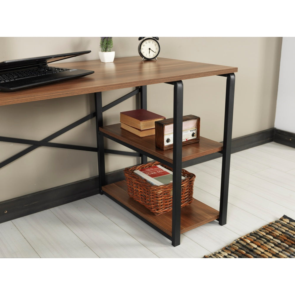 Furnish Home Store Sage Black Metal Frame 47" Wooden Top 2 Shelves Writing and Computer Desk for Home Office, Walnut