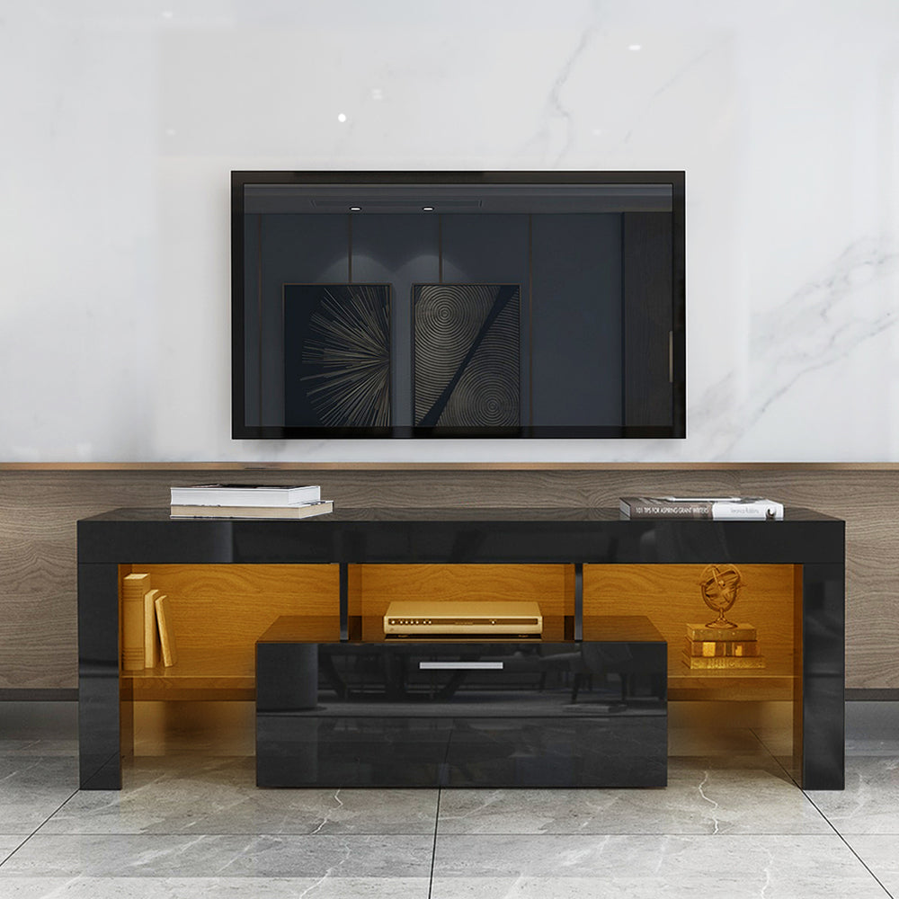 FashionTVstandTVcabinet,EntertainmentCenter,TVstationTV console,media console,with LEDlight belt,light belt remote control,toughenedglassshelf,metal handle,Canbeplaced in the living room,bedroom,White