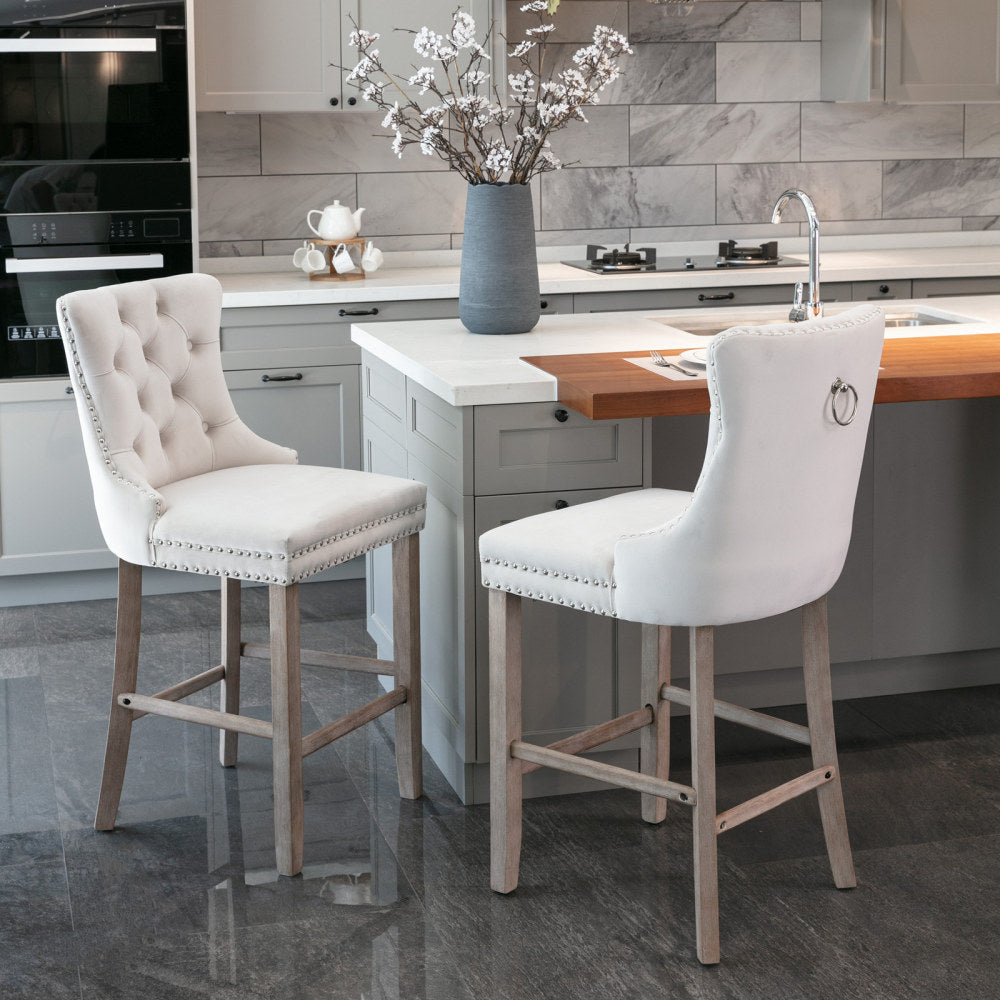 Contemporary Velvet Upholstered Barstools with Button Tufted Decoration and Wooden Legs, and Chrome Nailhead Trim, Leisure Style Bar Chairs,Bar stools, Set of 2 (Golden),SW2002GL