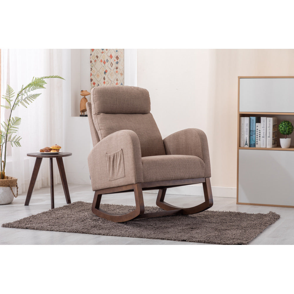 Rocking Chair, Modern Glider Chair, Recliner Armchair with Wood Legs and Side Pocket, Nursery Rocking Accent Chair with High Back for Living Room Bedroom (Camel linen)