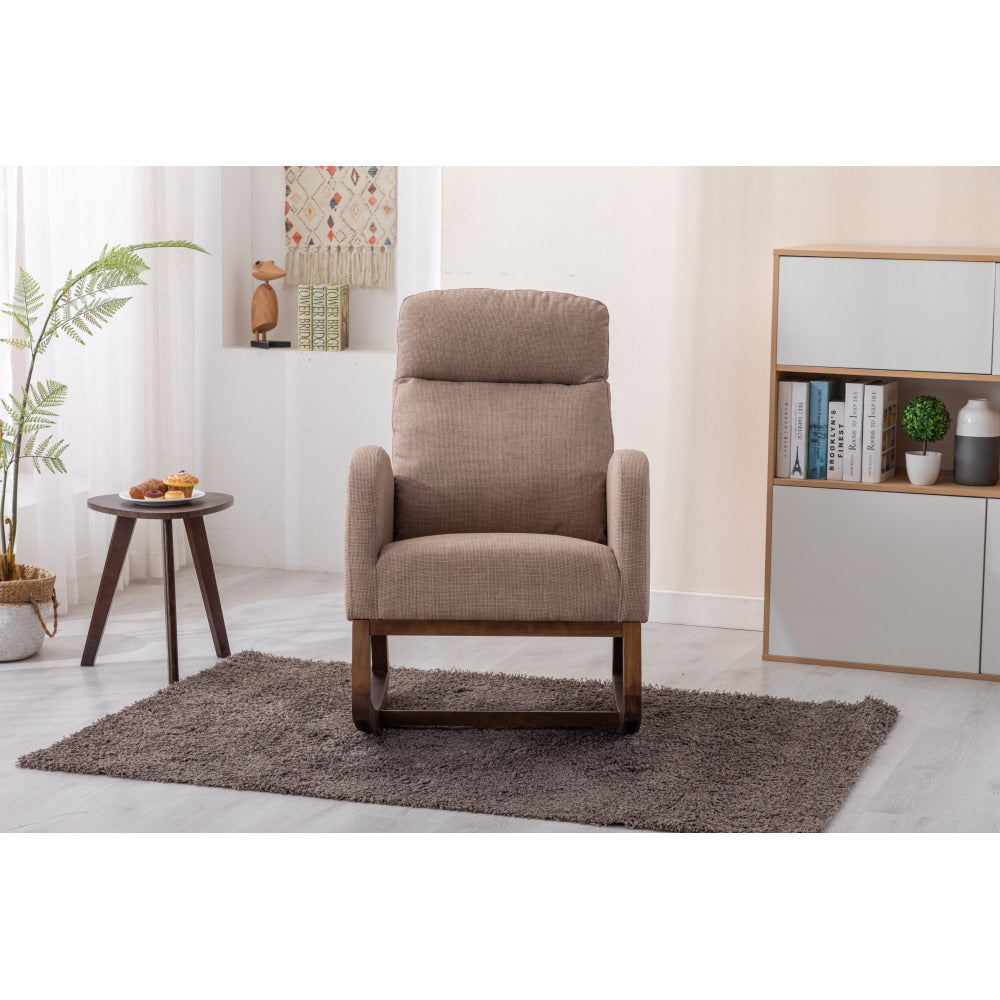 Rocking Chair, Modern Glider Chair, Recliner Armchair with Wood Legs and Side Pocket, Nursery Rocking Accent Chair with High Back for Living Room Bedroom (Camel linen)
