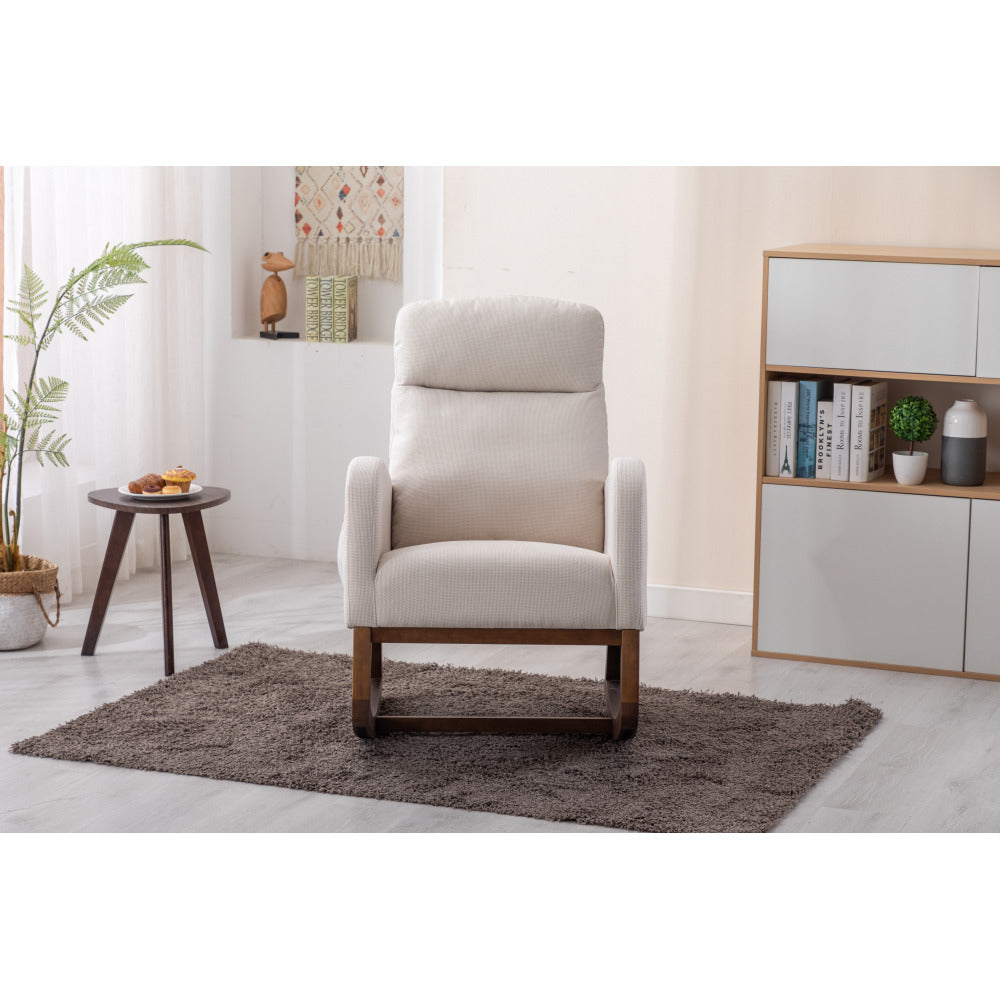 Rocking Chair, Modern Glider Chair, Recliner Armchair with Wood Legs and Side Pocket, Nursery Rocking Accent Chair with High Back for Living Room Bedroom (Beige linen)