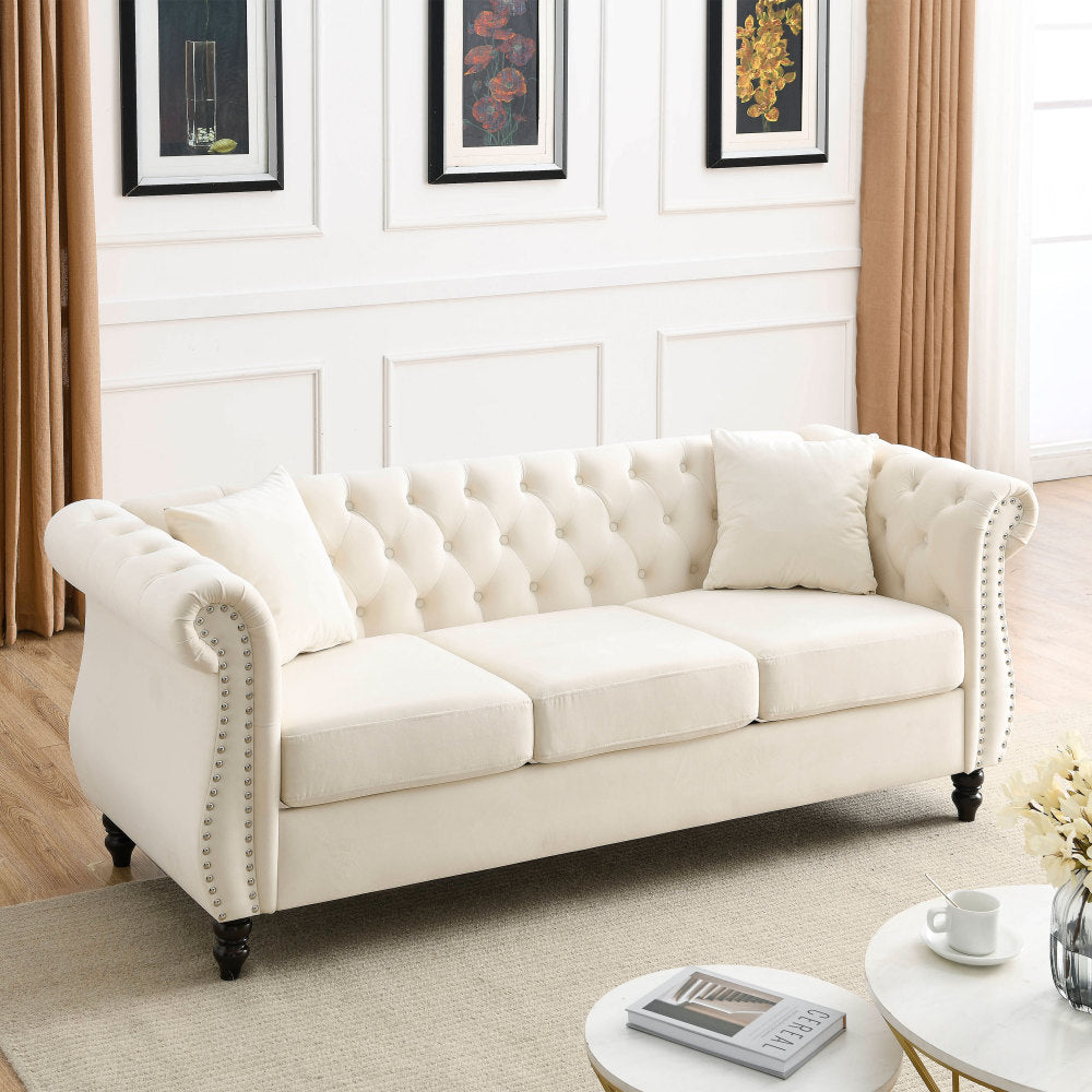 58.8" Chesterfield Sofa Grey Velvet for Living Room, 2 Seater Sofa Tufted Couch with Rolled Arms and Nailhead for Living Room, Bedroom, Office, Apartment, two pillowsW834S00069