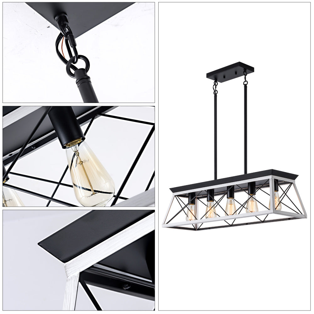 (Same as W134065438/L1001) 32" Black White Industrial 5-Light Pendant Chandelier, Modern Metal Cage Design, Adjustable Hanging Light for Dining Room, Kitchen, Living Room (No Bulbs)