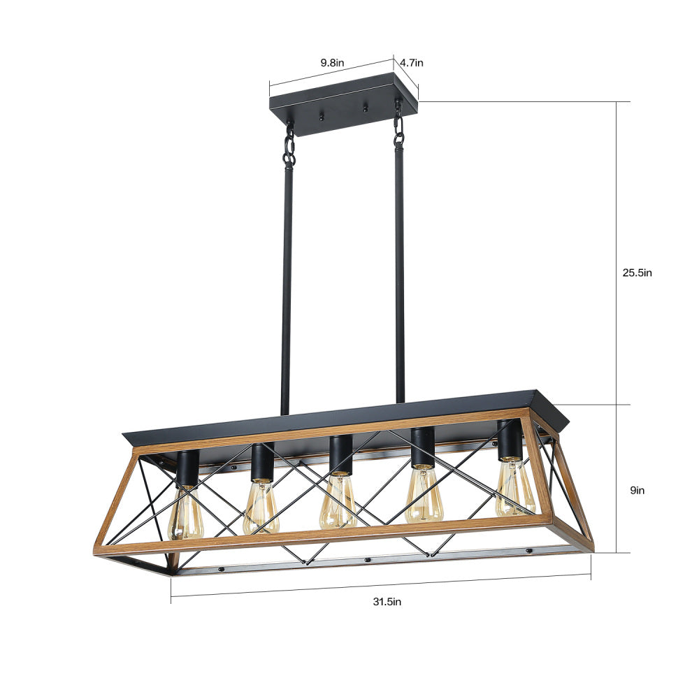 (NEW SKU :W1340P206631) 32" Walnut Industrial 5-Light Pendant Chandelier, Modern Metal Cage Design, Adjustable Hanging Light for Dining Room, Kitchen, Living Room (No Bulbs)