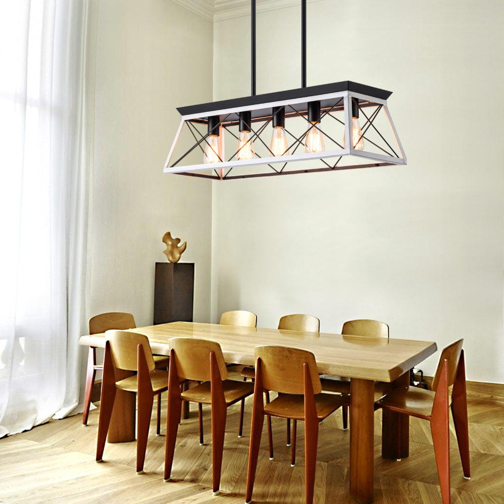 (Same as W134065438/L1001) 32" Black White Industrial 5-Light Pendant Chandelier, Modern Metal Cage Design, Adjustable Hanging Light for Dining Room, Kitchen, Living Room (No Bulbs)