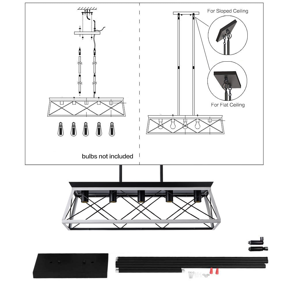 (Same as W134065438/L1001) 32" Black White Industrial 5-Light Pendant Chandelier, Modern Metal Cage Design, Adjustable Hanging Light for Dining Room, Kitchen, Living Room (No Bulbs)