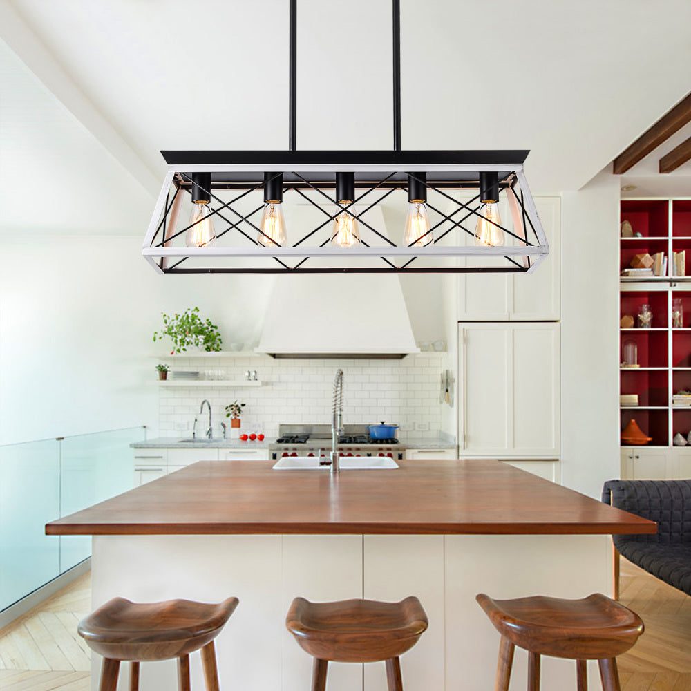(Same as W134065438/L1001) 32" Black White Industrial 5-Light Pendant Chandelier, Modern Metal Cage Design, Adjustable Hanging Light for Dining Room, Kitchen, Living Room (No Bulbs)
