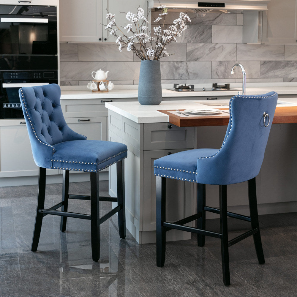 Contemporary Velvet Upholstered Barstools with Button Tufted Decoration and Wooden Legs, and Chrome Nailhead Trim, Leisure Style Bar Chairs,Bar stools, Set of 2 (Golden),SW2002GL