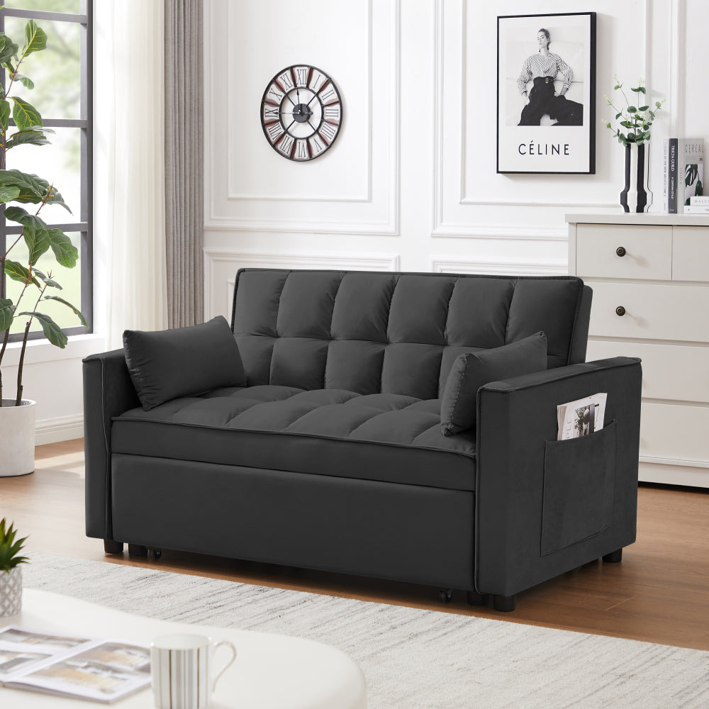 Modern Velvet Loveseat Futon Sofa Couch w/Pullout Bed,Small Love Seat Lounge Sofa w/Reclining Backrest,Toss Pillows, Pockets,Furniture for Living Room,3 in 1 Convertible Sleeper Sofa Bed, Gray