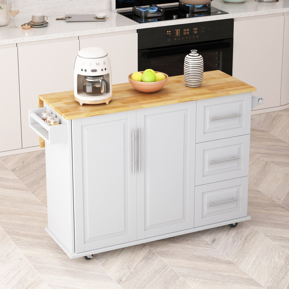 Multi-Functional Kitchen Island Cart with 2 Door Cabinet and Two Drawers,Spice Rack, Towel Holder, Wine Rack, and Foldable Rubberwood Table Top (White)