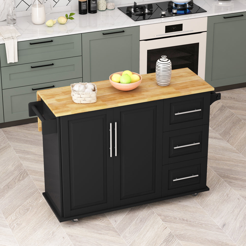 Multi-Functional Kitchen Island Cart with 2 Door Cabinet and Two Drawers,Spice Rack, Towel Holder, Wine Rack, and Foldable Rubberwood Table Top (White)