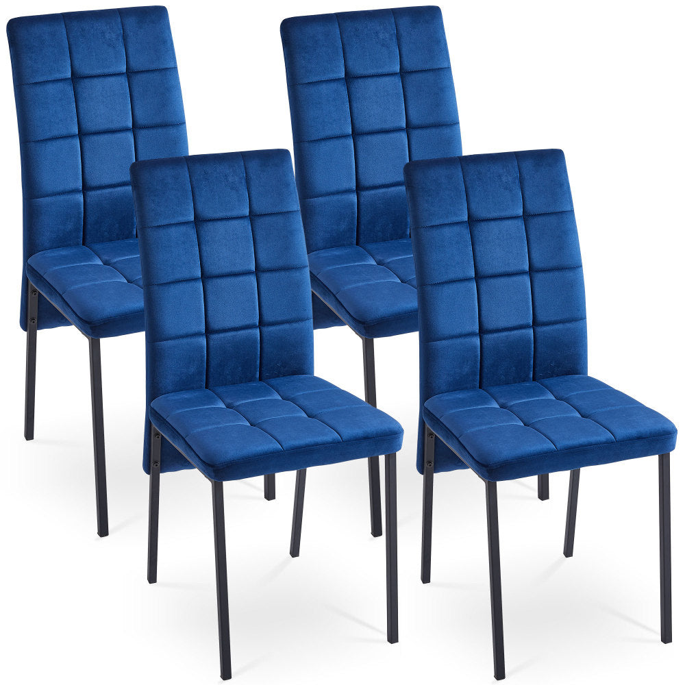 Dark Blue Velvet High Back Nordic Dining Chair Modern Fabric Chair with Golden Color Legs, Set Of 4