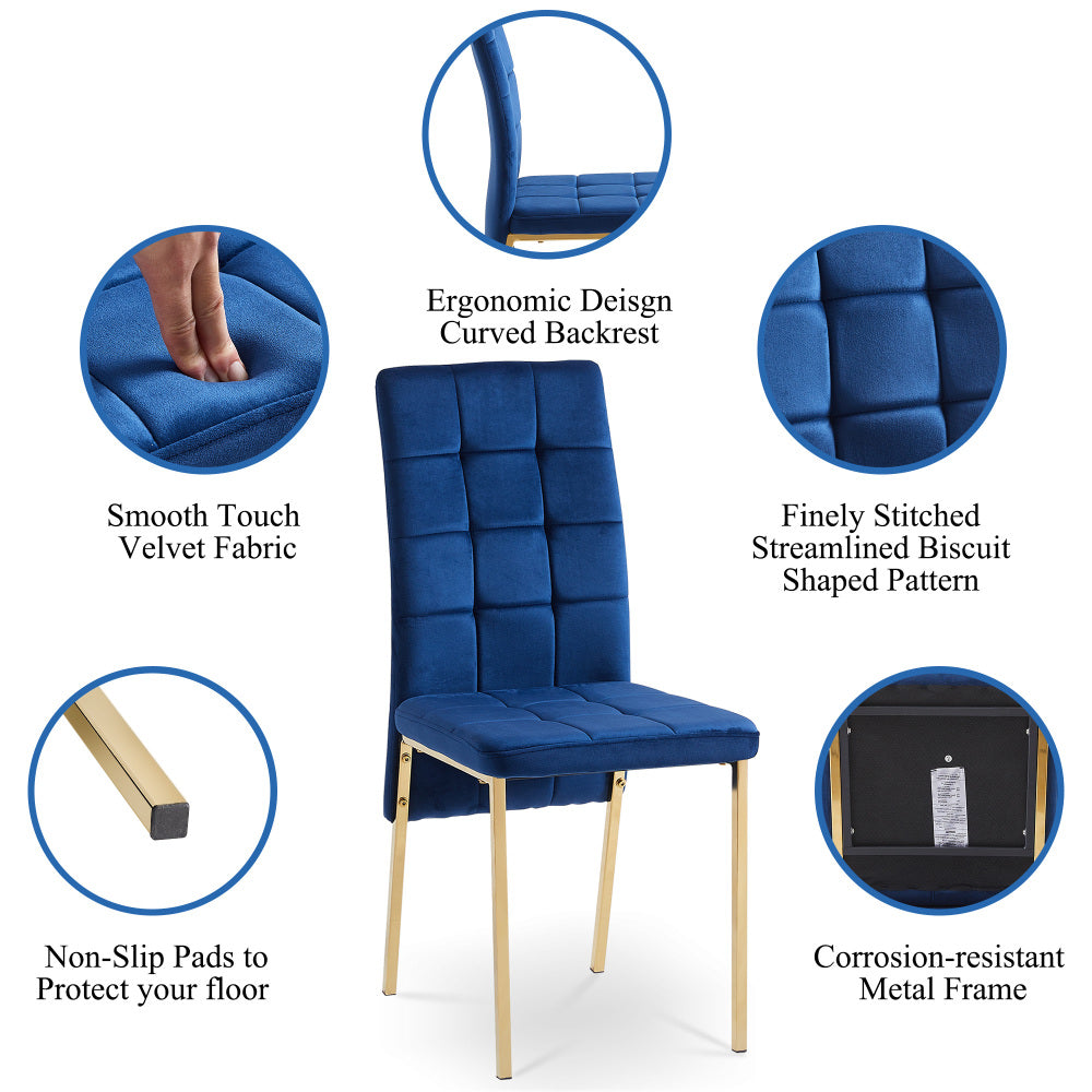 Dark Blue Velvet High Back Nordic Dining Chair Modern Fabric Chair with Golden Color Legs, Set Of 4