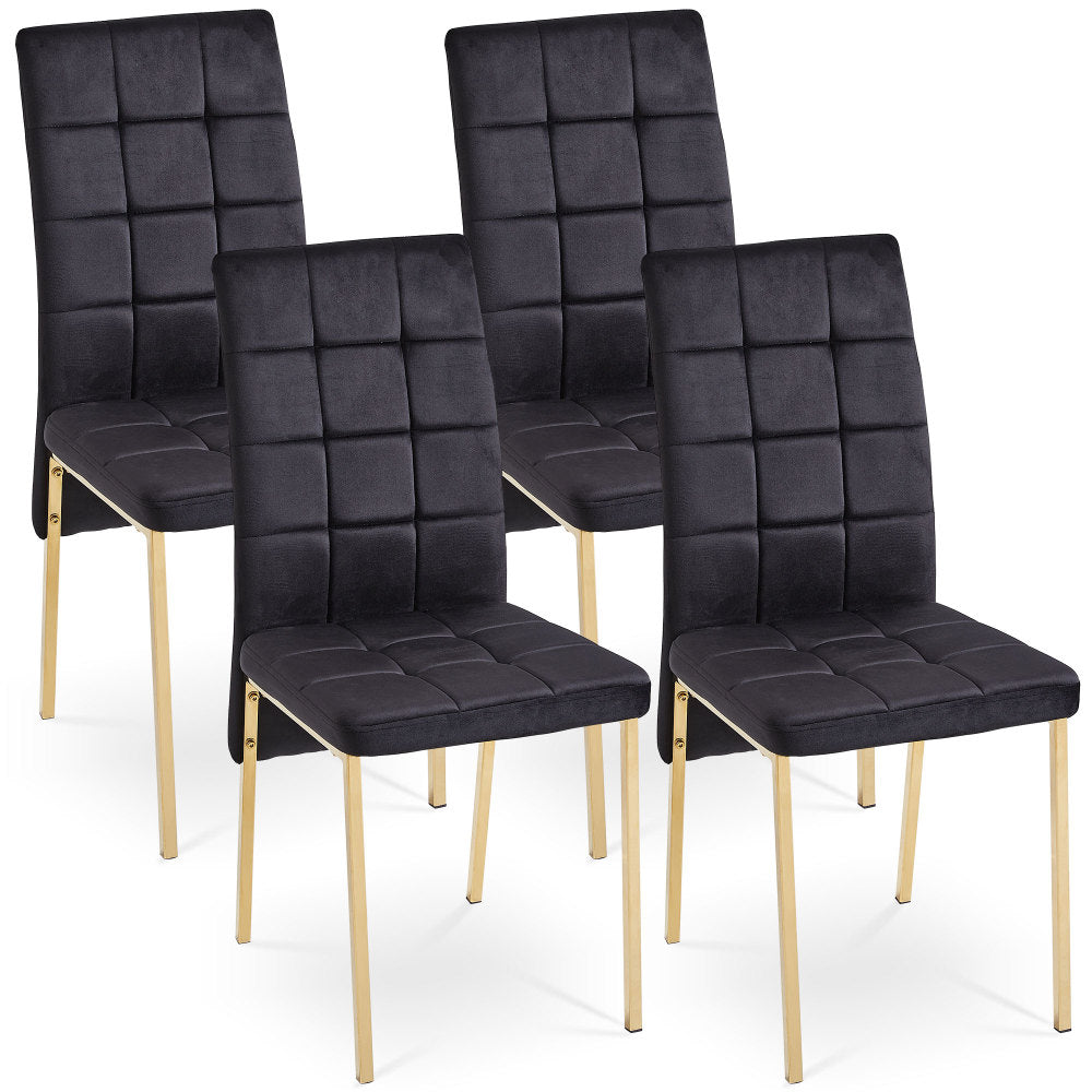Dark Blue Velvet High Back Nordic Dining Chair Modern Fabric Chair with Golden Color Legs, Set Of 4