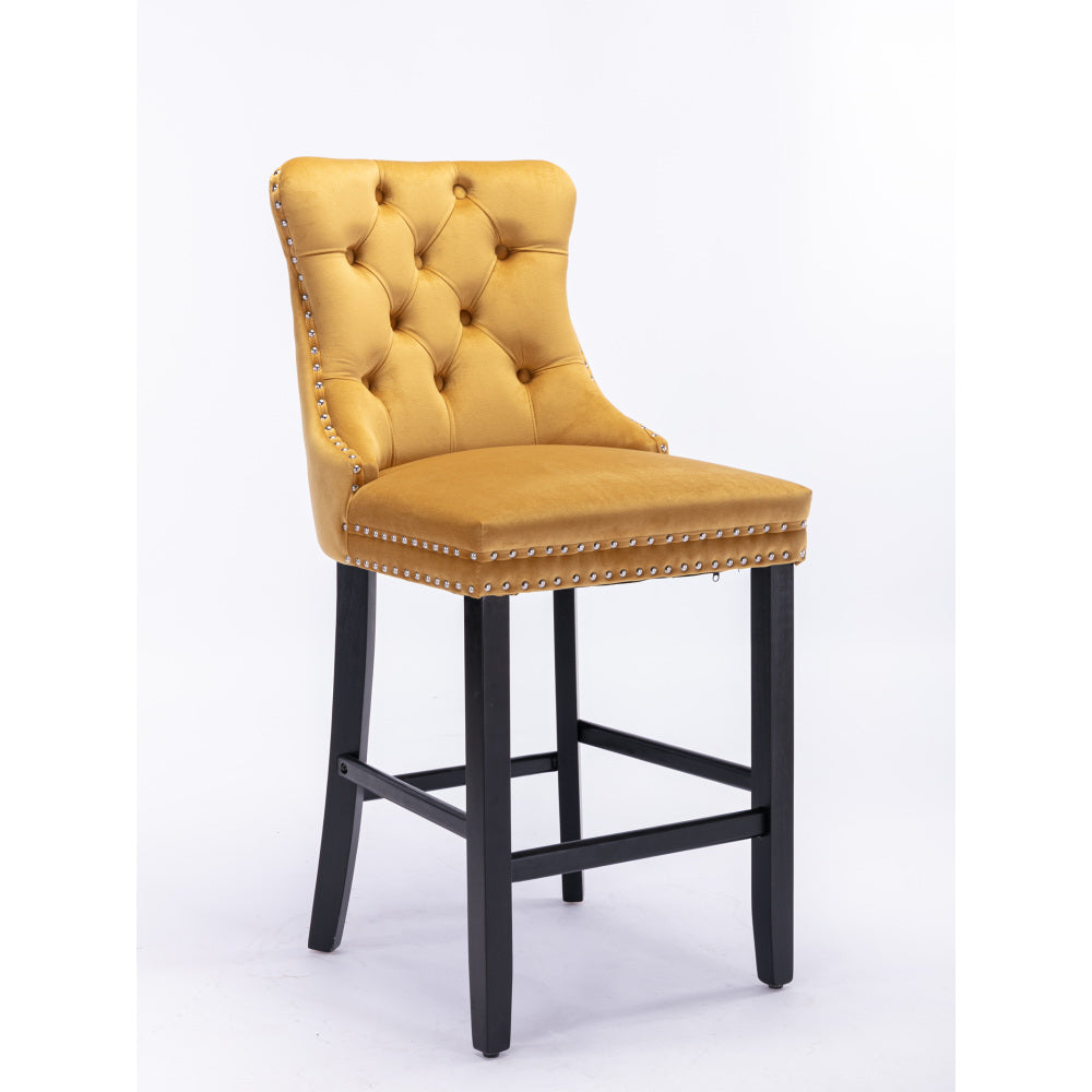 Contemporary Velvet Upholstered Barstools with Button Tufted Decoration and Wooden Legs, and Chrome Nailhead Trim, Leisure Style Bar Chairs,Bar stools, Set of 2 (Golden),SW2002GL