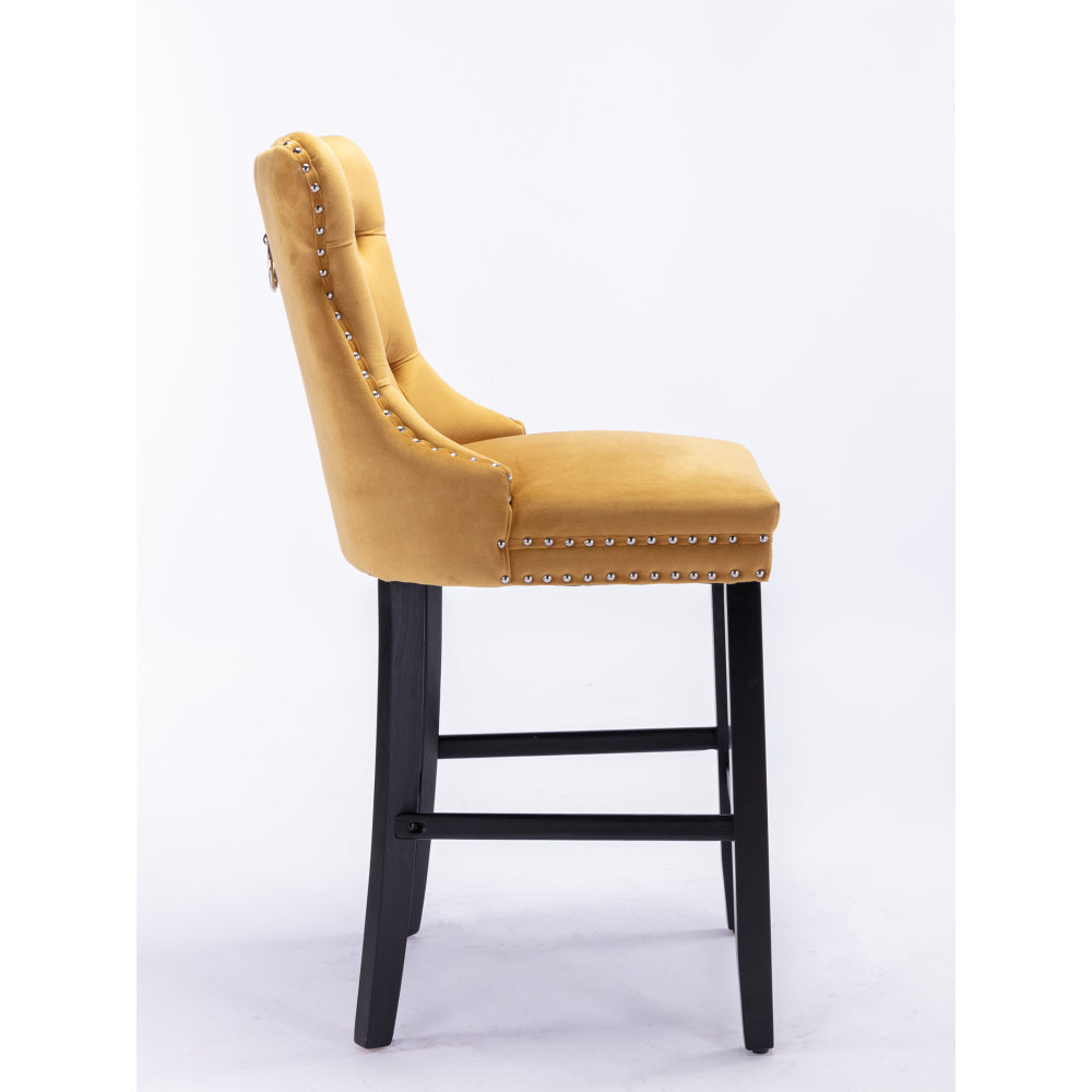 Contemporary Velvet Upholstered Barstools with Button Tufted Decoration and Wooden Legs, and Chrome Nailhead Trim, Leisure Style Bar Chairs,Bar stools, Set of 2 (Golden),SW2002GL