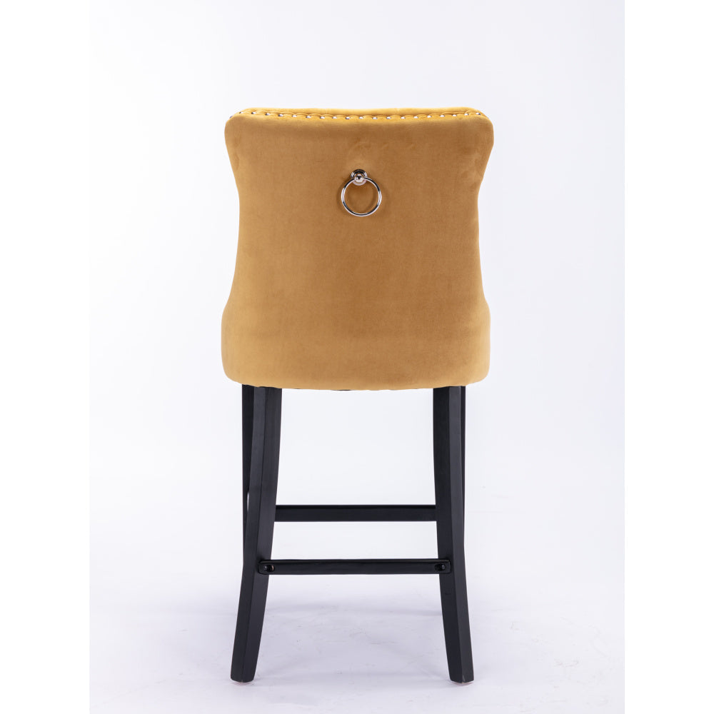 Contemporary Velvet Upholstered Barstools with Button Tufted Decoration and Wooden Legs, and Chrome Nailhead Trim, Leisure Style Bar Chairs,Bar stools, Set of 2 (Golden),SW2002GL
