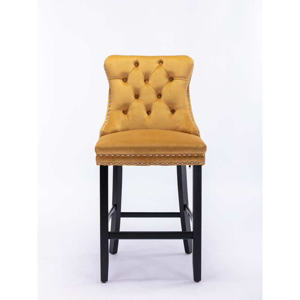 Contemporary Velvet Upholstered Barstools with Button Tufted Decoration and Wooden Legs, and Chrome Nailhead Trim, Leisure Style Bar Chairs,Bar stools, Set of 2 (Golden),SW2002GL