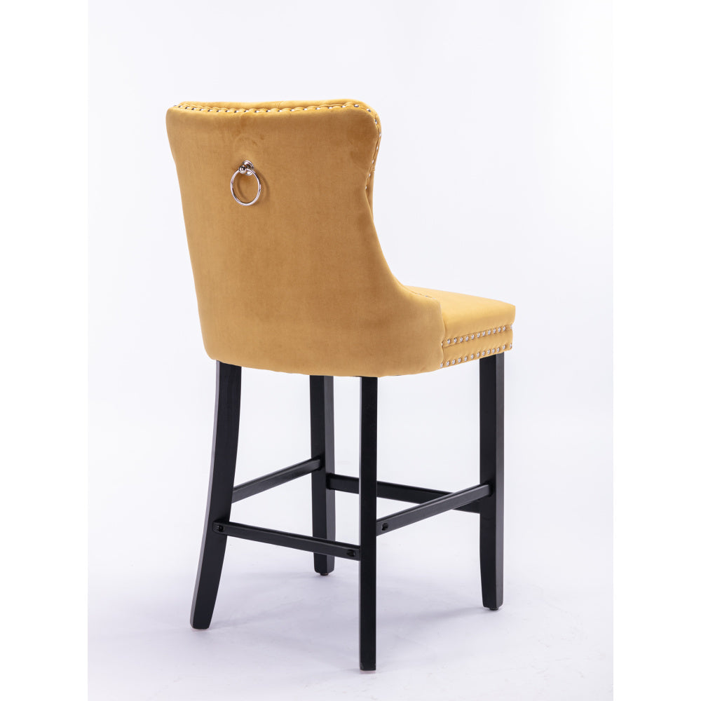 Contemporary Velvet Upholstered Barstools with Button Tufted Decoration and Wooden Legs, and Chrome Nailhead Trim, Leisure Style Bar Chairs,Bar stools, Set of 2 (Golden),SW2002GL