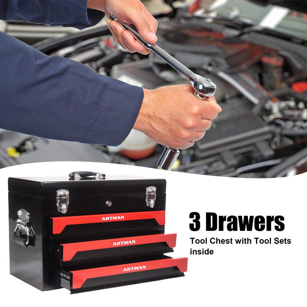 20'' Portable 3-Drawer Steel Toolbox, 4 Layers of Tools with Metal Latches, with Top Storage Tray and carrying Handle, Multi-Function Tool Storage for Garage, Home, or Workbench ,Black&Red