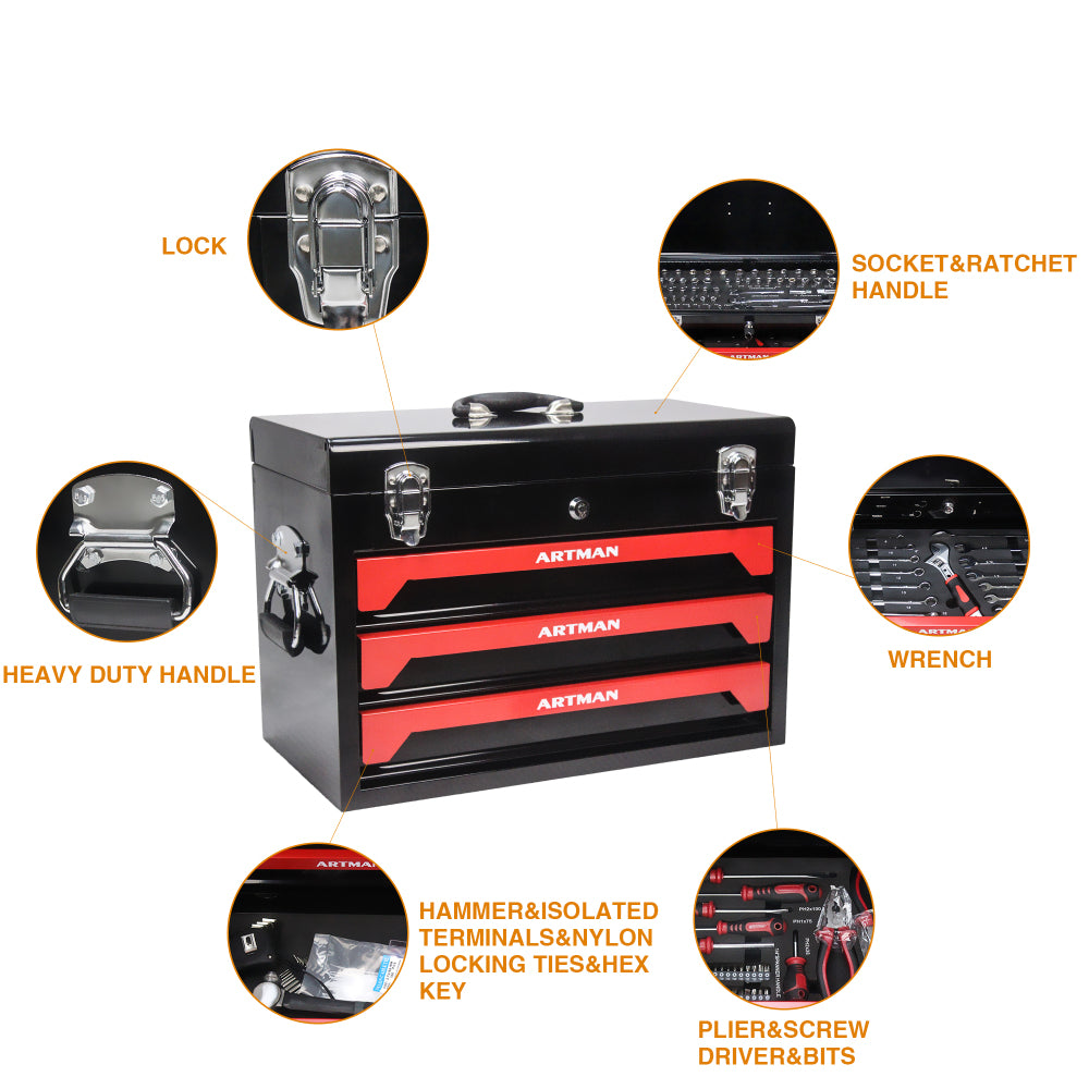 20'' Portable 3-Drawer Steel Toolbox, 4 Layers of Tools with Metal Latches, with Top Storage Tray and carrying Handle, Multi-Function Tool Storage for Garage, Home, or Workbench ,Black&Red