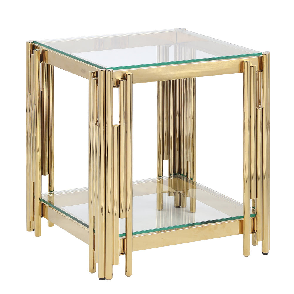 Woker Furniture  20" Wide Square End Table with Black Glass Top, Golden Stainless Steel Tempered Glass End Table for Living Room&Bed Room