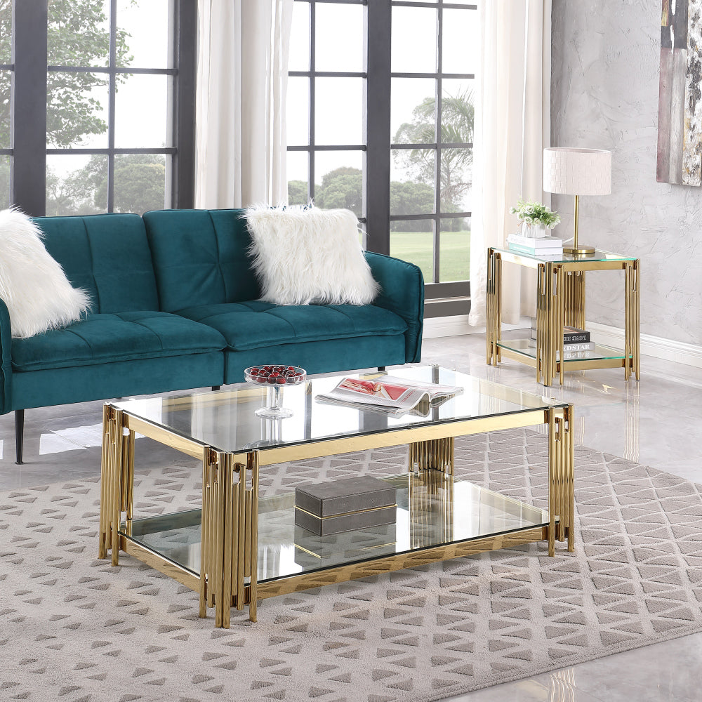 Woker Furniture  20" Wide Square End Table with Black Glass Top, Golden Stainless Steel Tempered Glass End Table for Living Room&Bed Room