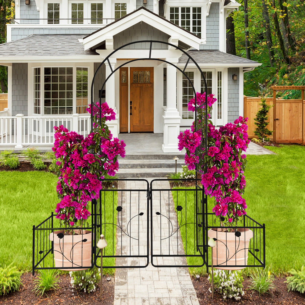 Metal Garden Arch with two plant stands 79.5'' Wide x 86.6'' High Climbing Plants Support Rose Arch Outdoor Black