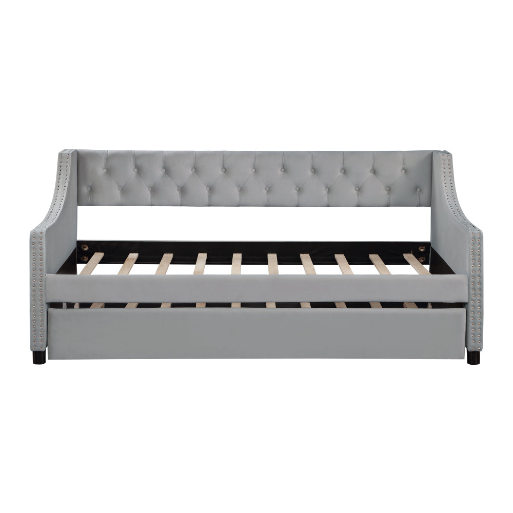 Daybed with Trundle Upholstered Tufted Sofa Bed, with Button and Copper Nail on Arms full Size Beige