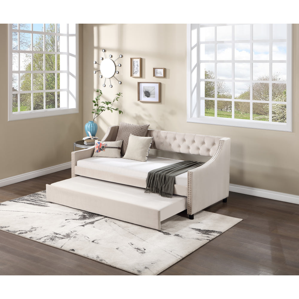 Daybed with Trundle Upholstered Tufted Sofa Bed, with Button and Copper Nail on Arms full Size Beige