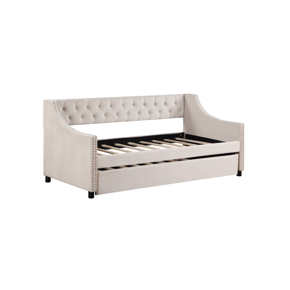 Daybed with Trundle Upholstered Tufted Sofa Bed, with Button and Copper Nail on Arms full Size Beige