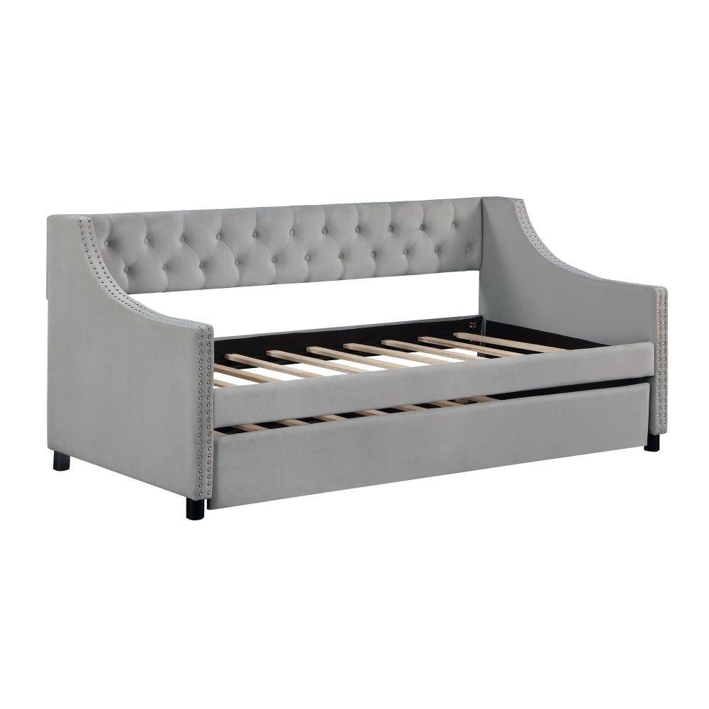 Daybed with Trundle Upholstered Tufted Sofa Bed, with Button and Copper Nail on Arms full Size Beige