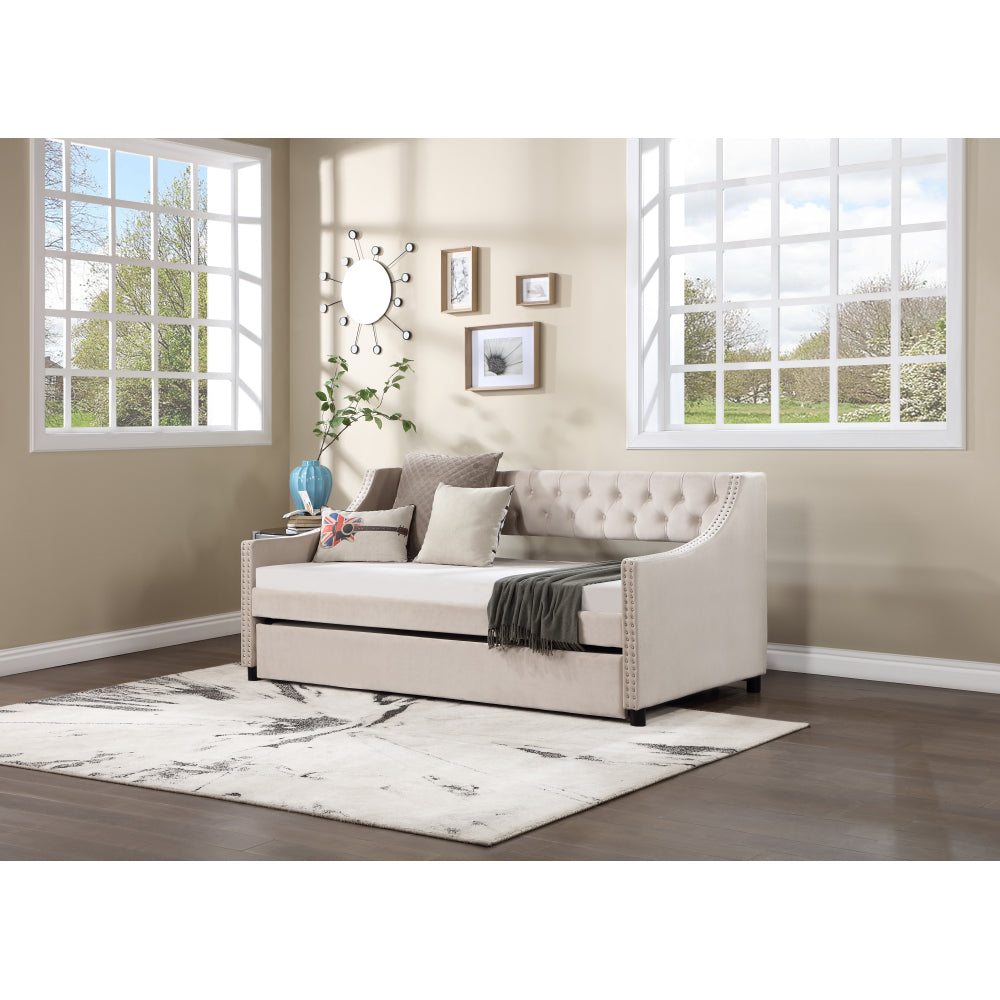 Daybed with Trundle Upholstered Tufted Sofa Bed, with Button and Copper Nail on Arms full Size Beige