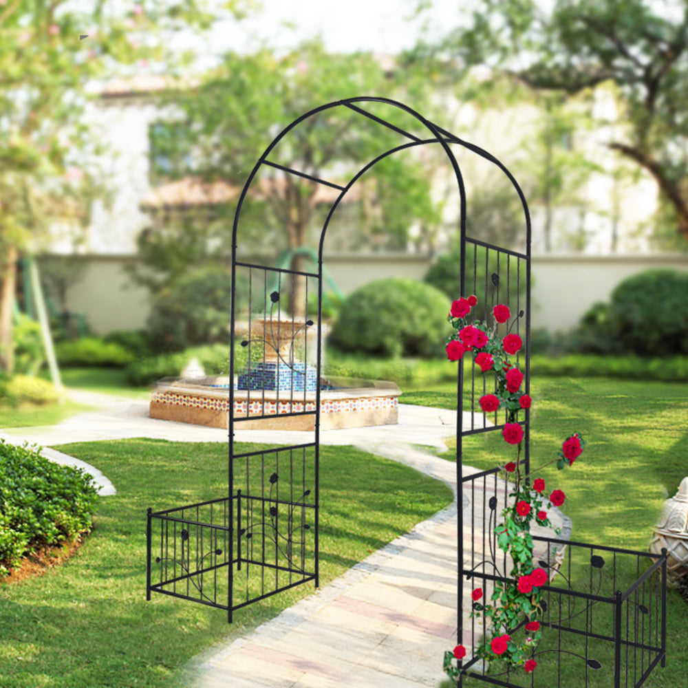 Metal Garden Arch with Gate 79.5'' Wide x 86.6'' High Climbing Plants Support Rose Arch Outdoor Black