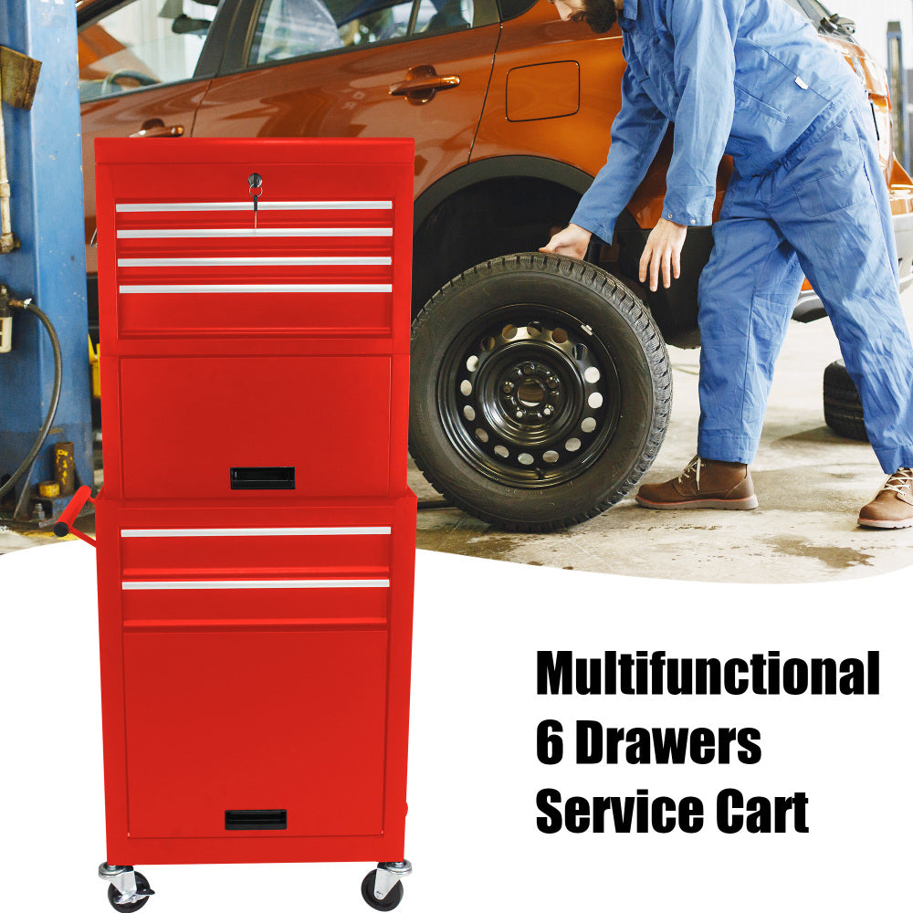 Tool Cabinet on Wheels, 6-Drawer Lockable Rolling Tool Chest w/ 4 Universal Wheels, 2 in 1 Detachable Tool Box Storage Organizer for Garage Workshop Repair Shop,RED