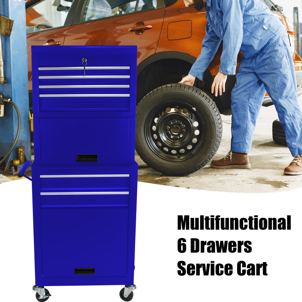 Tool Cabinet on Wheels, 6-Drawer Lockable Rolling Tool Chest w/ 4 Universal Wheels, 2 in 1 Detachable Tool Box Storage Organizer for Garage Workshop Repair Shop,BLUE