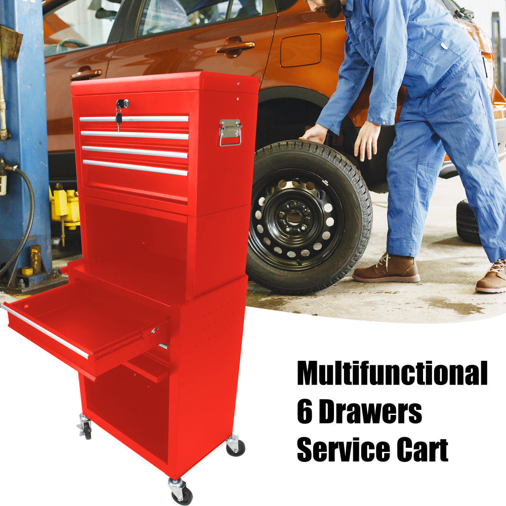 Tool Cabinet on Wheels, 6-Drawer Lockable Rolling Tool Chest w/ 4 Universal Wheels, 2 in 1 Detachable Tool Box Storage Organizer for Garage Workshop Repair Shop,RED