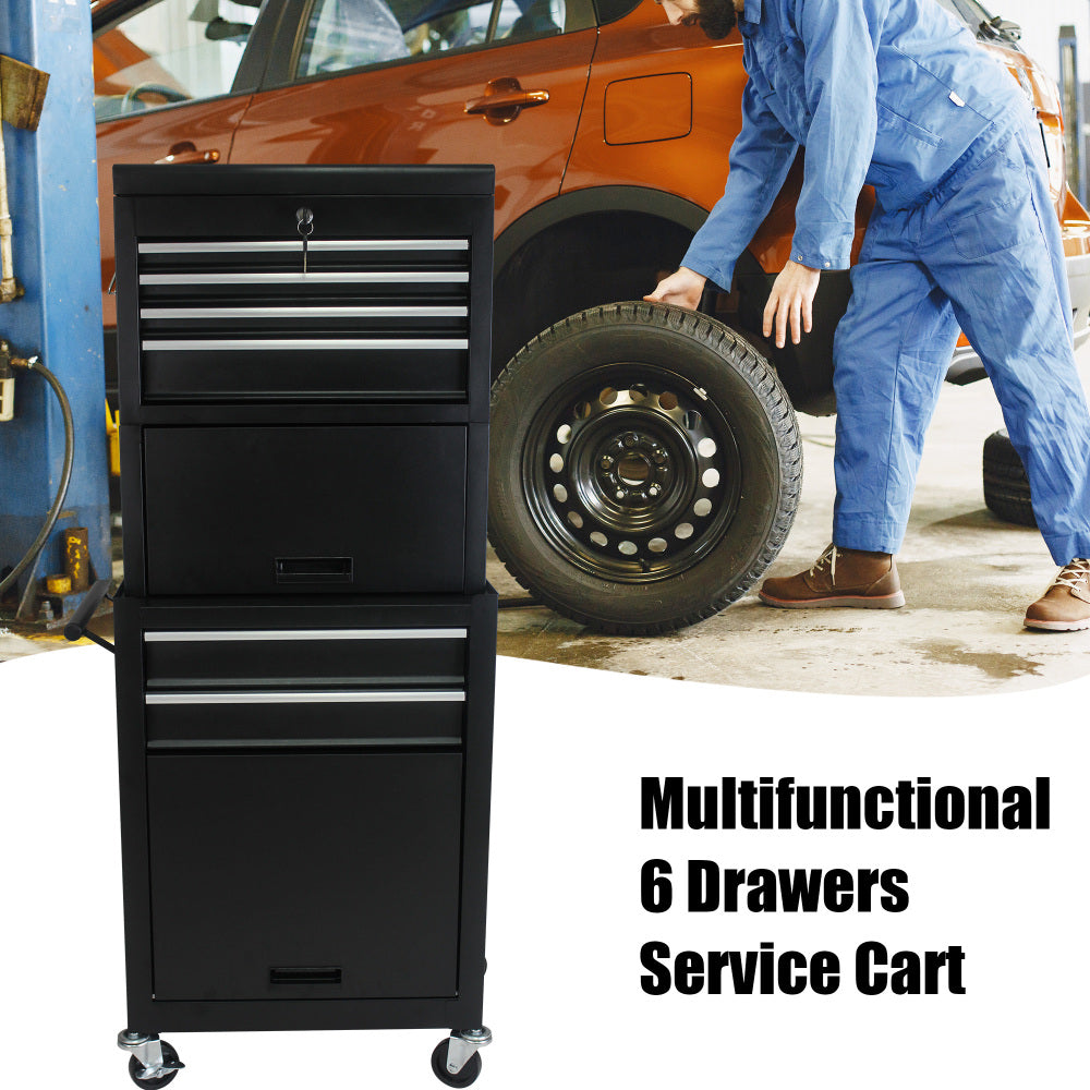Tool Cabinet on Wheels, 6-Drawer Lockable Rolling Tool Chest w/ 4 Universal Wheels, 2 in 1 Detachable Tool Box Storage Organizer for Garage Workshop Repair Shop, Black