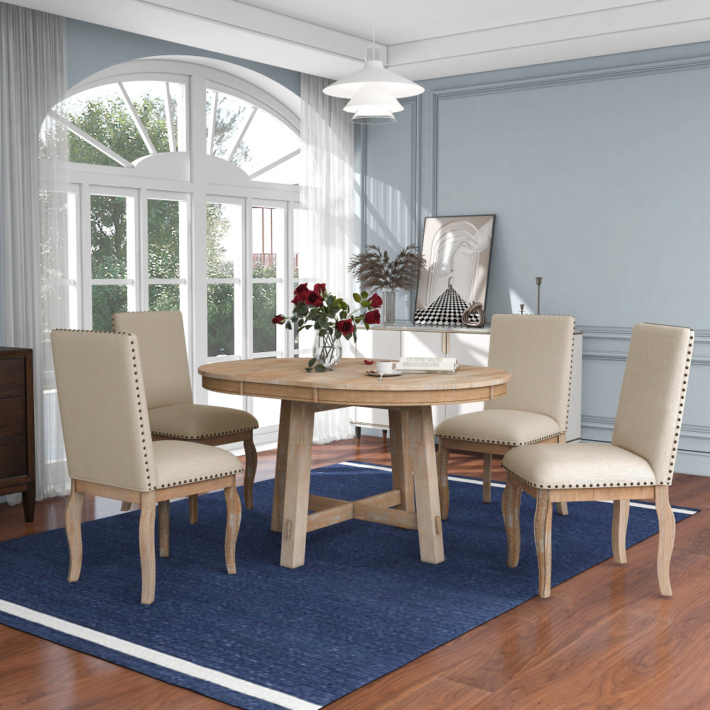 TREXM Set of 4 Dining chairs Wood Upholstered Fabirc Dining Room Chairs with Nailhead (Natural Wood Wash)
